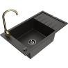 Mexen Elias granite sink 1-bowl with drainer and Telma kitchen tap, black/gold - 6511-75-670200-50-B