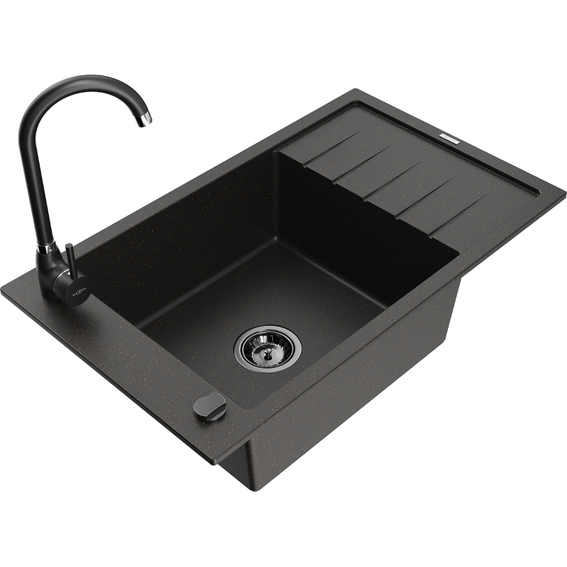 Mexen Elias granite kitchen sink 1-bowl with drainer and Telma kitchen tap, black/gold - 6511-75-670200-70-B