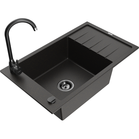 Mexen Elias granite kitchen sink 1-bowl with drainer and Telma kitchen tap, black/gold - 6511-75-670200-70-B