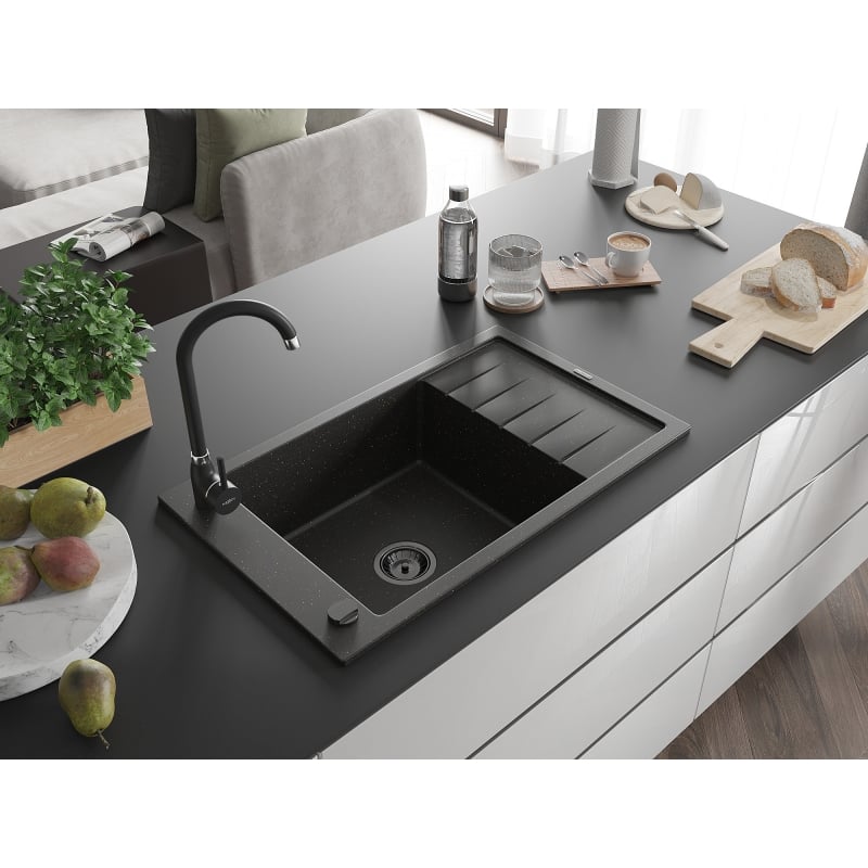 Mexen Elias Fregadero de granito de 1 seno con escurridor y grifo de cocina Telma, negro/dorado - 6511-75-670200-70-B