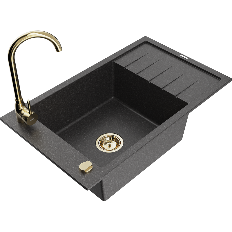 Mexen Elias fregadero de granito de 1 cubeta con escurridor y grifo de cocina Telma, negro moteado - 6511-76-670200-50