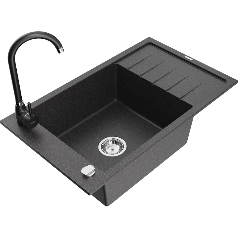 Mexen Elias fregadero de granito de 1 seno con escurridor y grifo de cocina Telma, negro moteado - 6511-76-670200-70