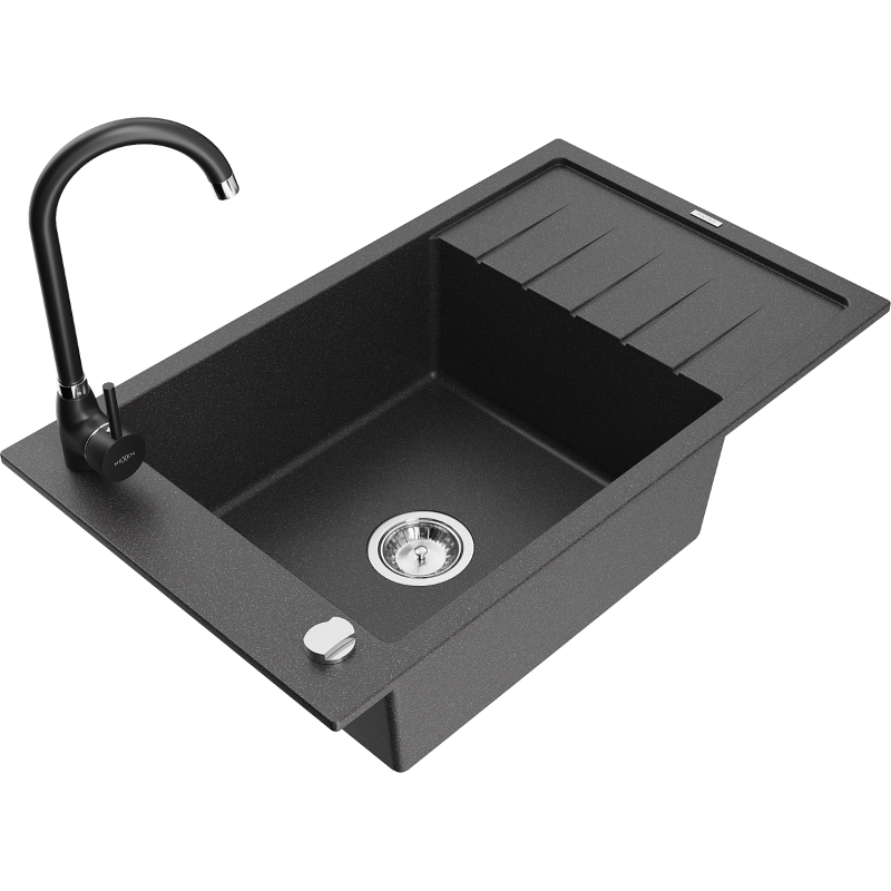 Mexen Elias granite sink 1-bowl with drainer and Telma kitchen tap, black speckled - 6511-76-670200-70