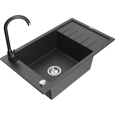 Mexen Elias fregadero de granito de 1 seno con escurridor y grifo de cocina Telma, negro moteado - 6511-76-670200-70