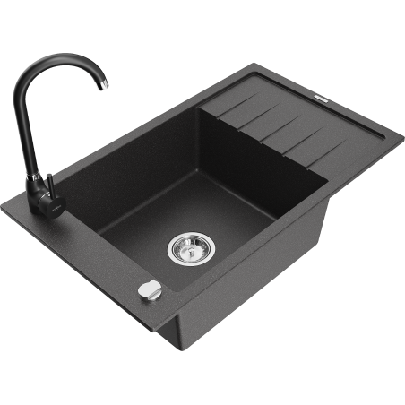 Mexen Elias granite sink 1-bowl with drainer and Telma kitchen tap, black speckled - 6511-76-670200-70