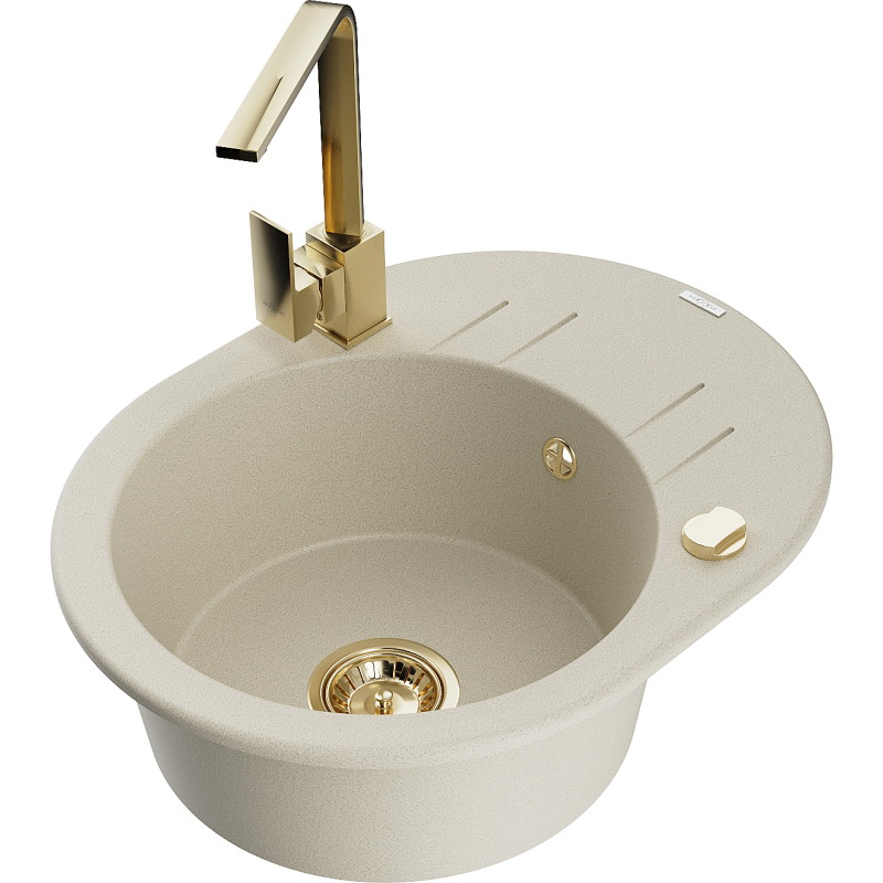 Mexen Kevin fregadero de granito de 1 seno con escurridor y grifo de cocina Rita, beige - 6517-69-670300-50