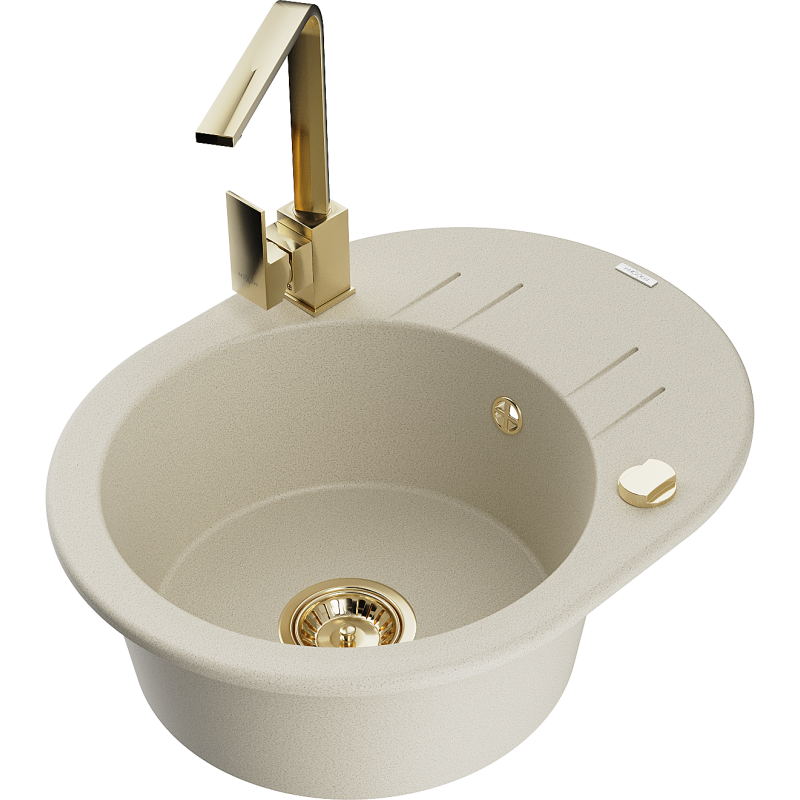 Mexen Kevin lavello in granito singolo con scolapiatti e rubinetto da cucina Rita, beige - 6517-69-670300-50
