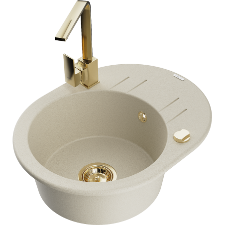 Mexen Kevin granieten spoelbak 1-komerig met druiprek en keukenmengkraan Rita, beige - 6517-69-670300-50