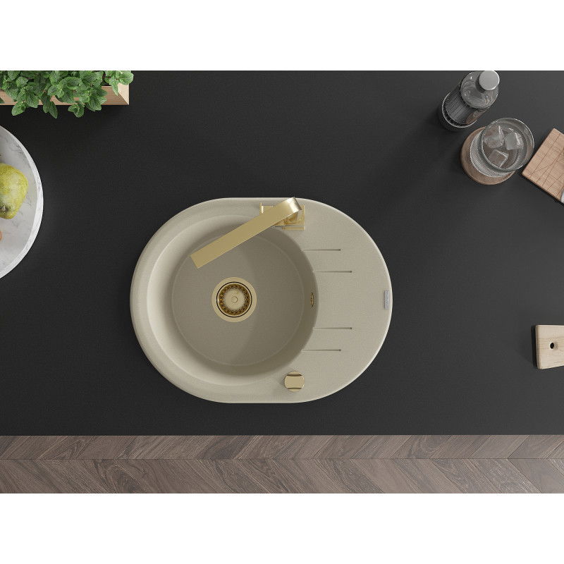 Mexen Kevin fregadero de granito de 1 cubeta con escurridor y grifo de cocina Rita, beige - 6517-69-670300-50