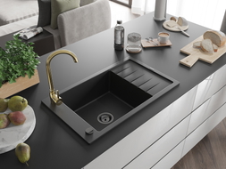 Mexen Elias 1-bowl granite sink with drainer and Telma kitchen faucet, black - 6511-77-670200-50-B