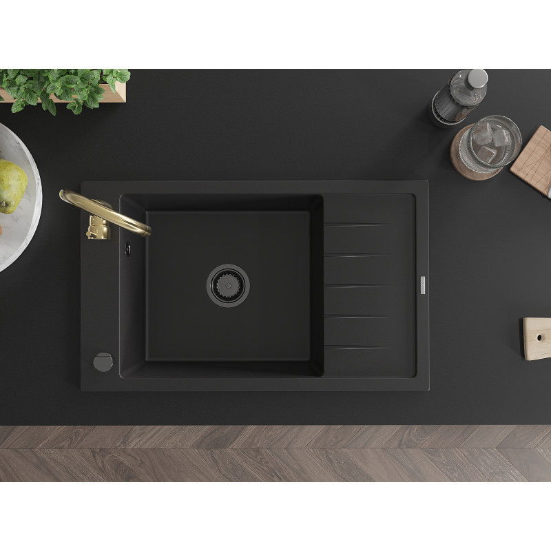 Mexen Elias granite sink 1-chamber with drainer and Telma kitchen tap, black - 6511-77-670200-50-B