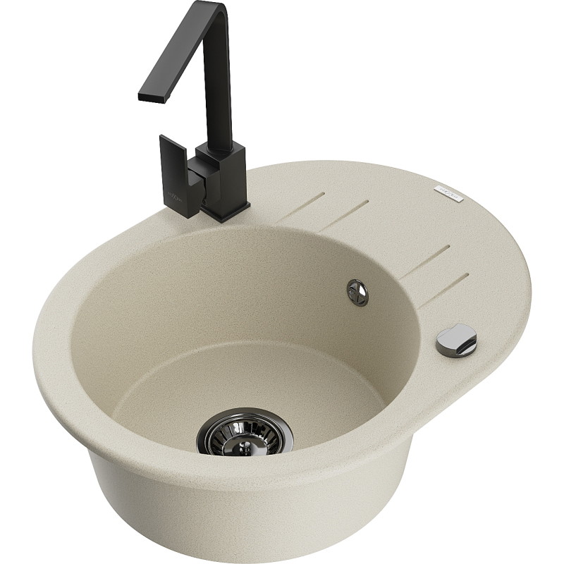 Mexen Kevin granitische spoelbak met 1 kom met afdruiprek en keukenkraan Rita, beige - 6517-69-670300-70