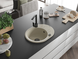 Mexen Kevin 1-bowl granite sink with drainer and Rita kitchen tap, beige - 6517-69-670300-70