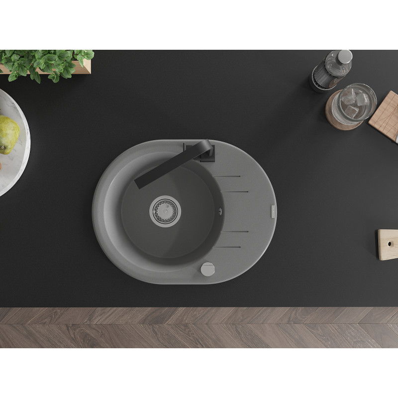 Mexen Kevin 1-bowl granite sink with drainer and Rita kitchen tap, grey - 6517-71-670300-70