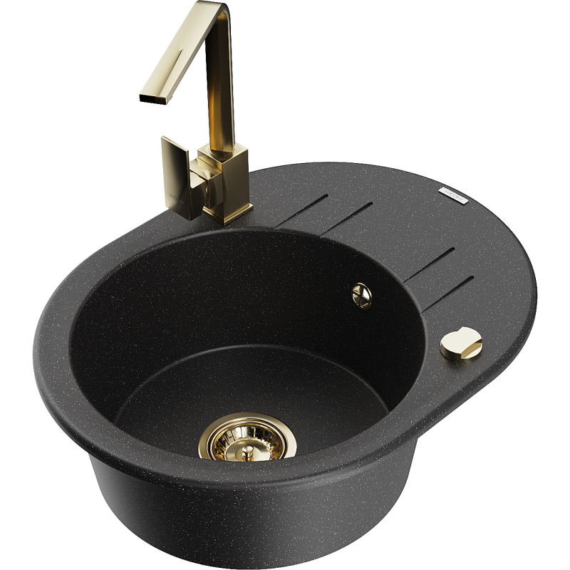 Mexen Kevin 1-bowl granite sink with drainer and Rita kitchen tap, black/silver - 6517-73-670300-50
