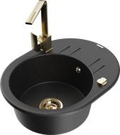 Mexen Kevin 1-bowl granite sink with drainer and Rita kitchen tap, black/silver - 6517-73-670300-50