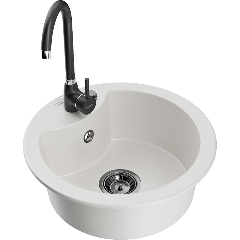 Mexen Diego 1-bowl granite sink with Telma kitchen tap, white - 6512-20-670200-70