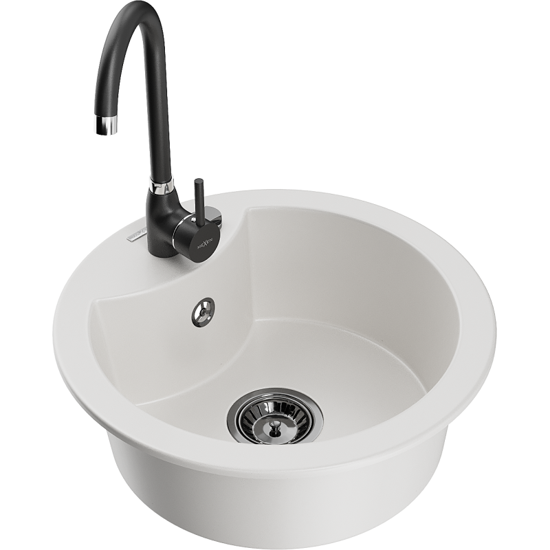 Mexen Diego granitais virtuves izlietne ar 1 nodalījumu un virtuves maisītāju Telma, balts - 6512-20-670200-70