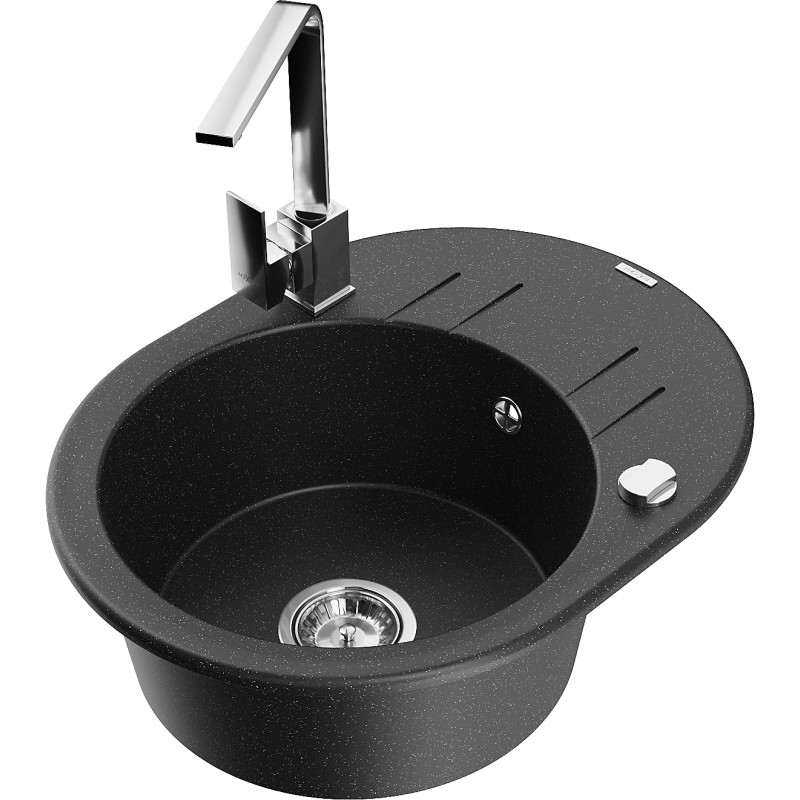 Mexen Kevin fregadero de granito de 1 cubeta con escurridor y grifo de cocina Rita, negro/plata - 6517-73-670300-00
