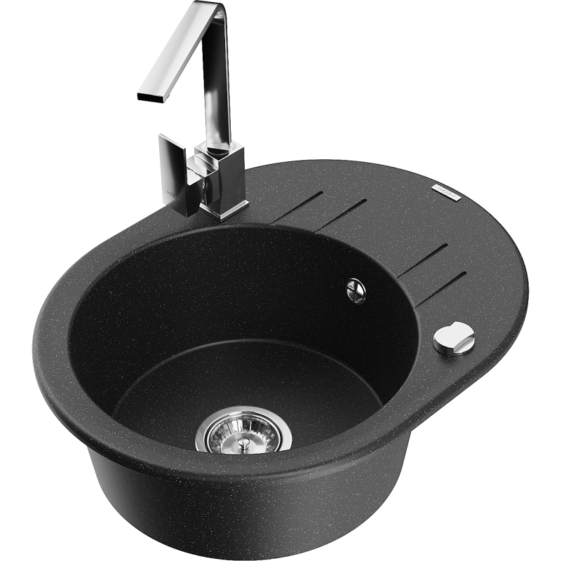 Mexen Kevin Granite Kitchen Sink 1-Bowl with Drainer and Rita Kitchen Tap, Black/Silver - 6517-73-670300-00