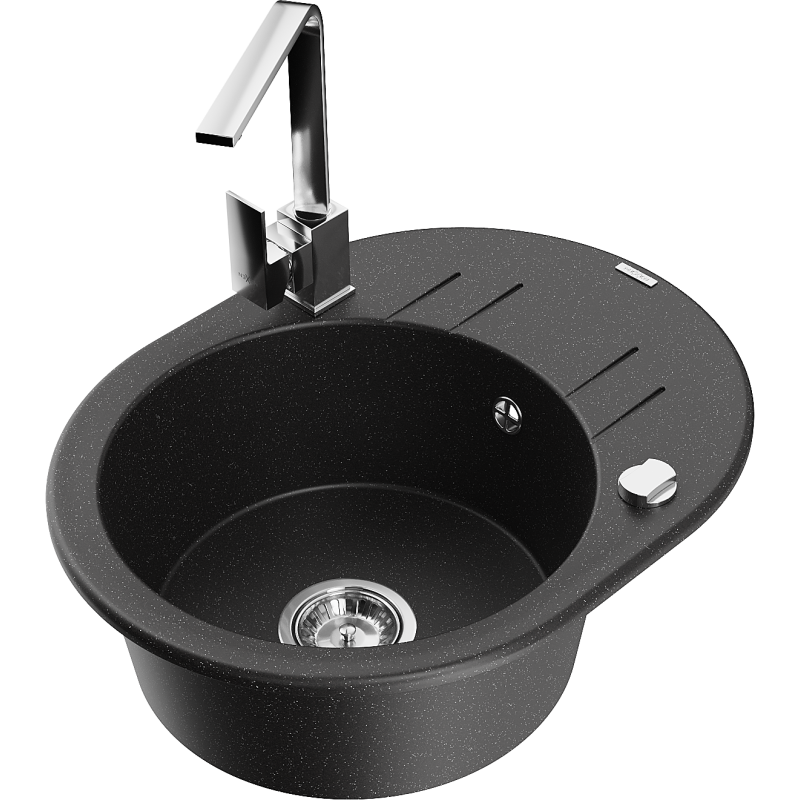 Mexen Kevin lava-loiça em granito de 1 cuba com escorredor e torneira de cozinha Rita, preto/prata - 6517-73-670300-00