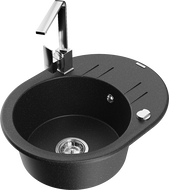 Mexen Kevin Granite Kitchen Sink 1-Bowl with Drainer and Rita Kitchen Tap, Black/Silver - 6517-73-670300-00