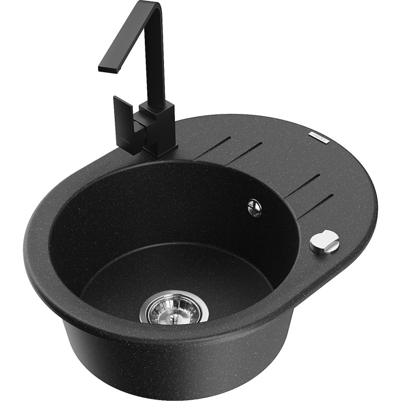 Mexen Kevin granit gootsteen met 1 kompartiment met afdruiprek en keukenmengkraan Rita, zwart/zilveren metallic