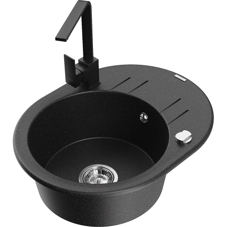 Mexen Kevin 1-bowl granite sink with drainer and Rita kitchen tap, black/silver metallic - 6517-73-670300-70