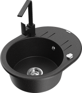 Mexen Kevin 1-bowl granite sink with drainer and Rita kitchen tap, black/silver metallic - 6517-73-670300-70