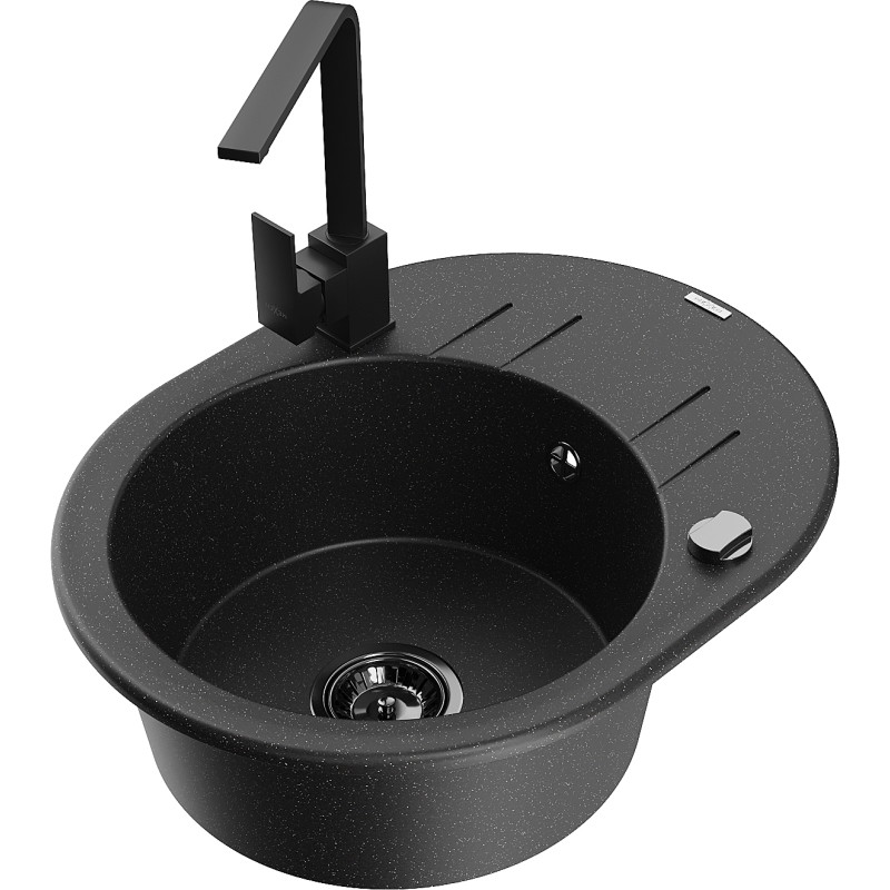 Mexen Kevin fregadero de granito de 1 seno con escurridor y grifo de cocina Rita, negro/plateado metálico - 6517-73-670300-70-B