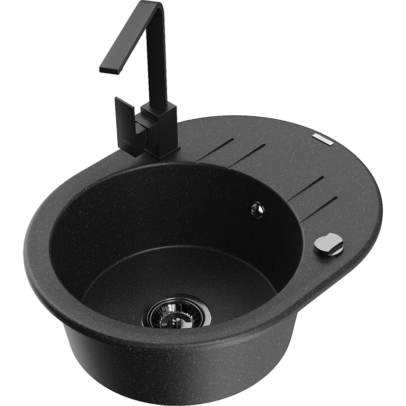 Mexen Kevin granitizlietne ar vienu nodalījumu ar notecinātāju un virtuves jaucējkrānu Rita, melna/sudrabains metālika