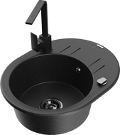 Mexen Kevin granite 1-bowl sink with drainer and Rita kitchen tap, black/silver metallic - 6517-73-670300-70-B