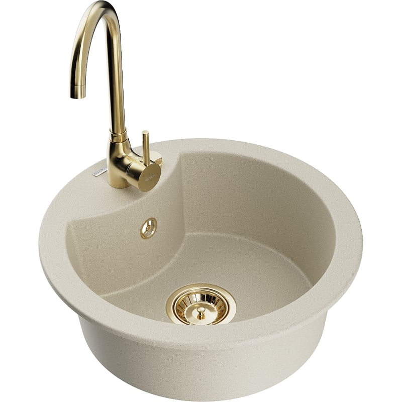 Mexen Diego Évier granit 1 bac avec robinet de cuisine Telma, beige - 6512-69-670200-50