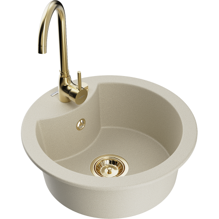 Mexen Diego granite sink 1-bowl with Telma kitchen tap, beige - 6512-69-670200-50