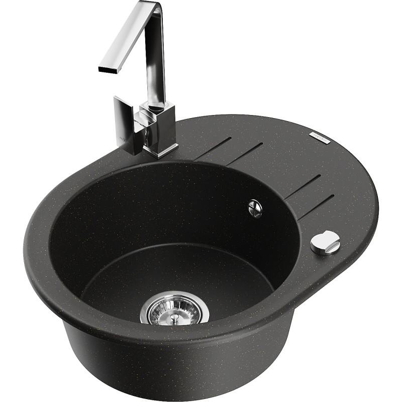 Mexen Kevin fregadero de granito de 1 seno con escurridor y grifo de cocina Rita, negro/dorado metálico - 6517-75-670300-00