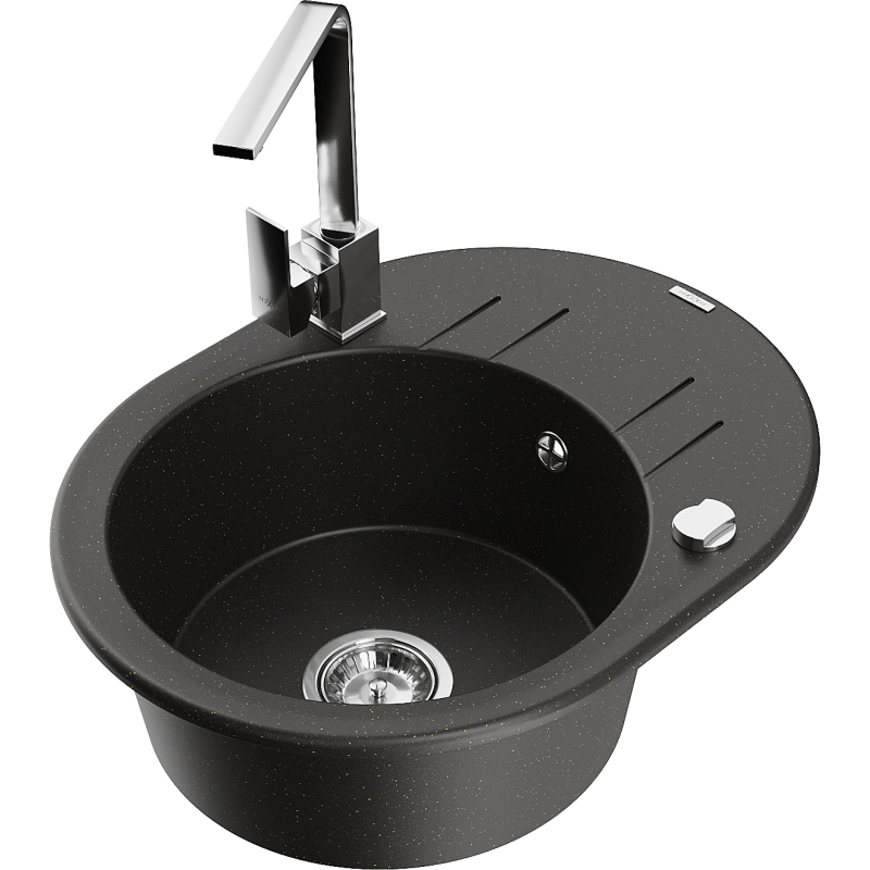 Mexen Kevin fregadero de granito de 1 tazón con escurridor y grifo de cocina Rita, negro/oro metálico - 6517-75-670300-00