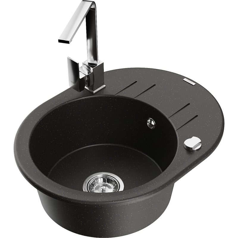 Mexen Kevin granite sink 1-bowl with drainer and kitchen faucet Rita, black/golden metallic - 6517-75-670300-00