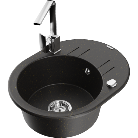 Mexen Kevin granite sink 1-bowl with drainer and kitchen faucet Rita, black/golden metallic - 6517-75-670300-00