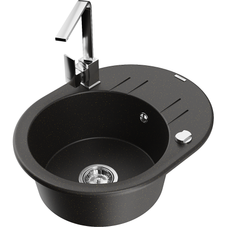 Mexen Kevin granite sink 1-bowl with drainer and Rita kitchen tap, black/gold metallic - 6517-75-670300-00
