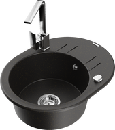 Mexen Kevin granite sink 1-bowl with drainer and Rita kitchen tap, black/gold metallic - 6517-75-670300-00