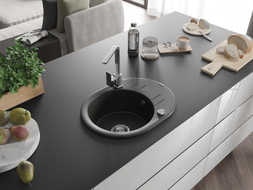 Mexen Kevin granite sink 1-bowl with drainer and kitchen faucet Rita, black/golden metallic - 6517-75-670300-00