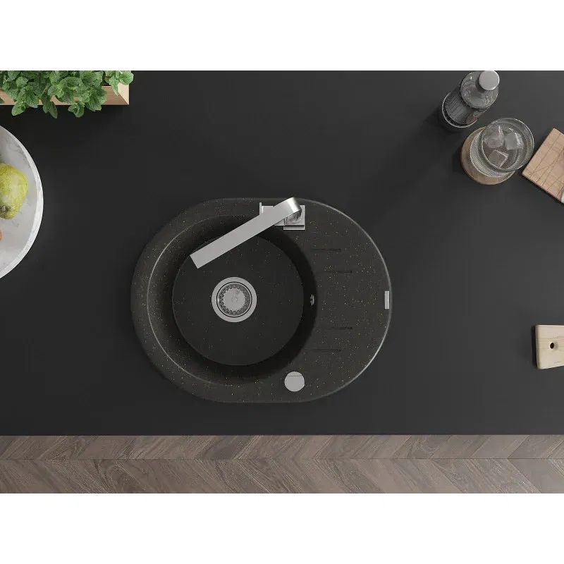 Mexen Kevin granieten spoelbak met 1 bak en afdruiprek en keukenmengkraan Rita, zwart/goud metallic - 6517-75-670300-00