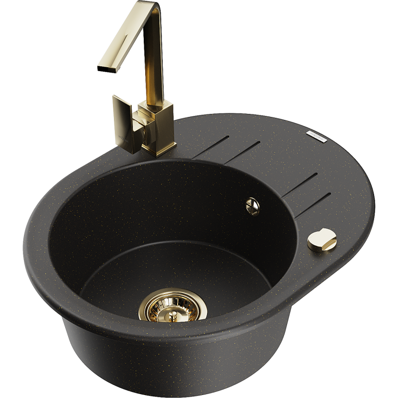 Mexen Kevin granitdiskbänk med en ho, avrinningsyta och köksblandare Rita, svart/guld metallic - 6517-75-670300-50