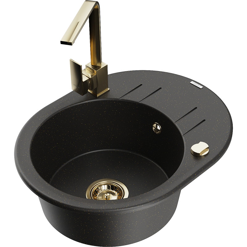Mexen Kevin granitische gootsteen 1-bak met afdruiprek en keukenkraan Rita, zwart/goud metallic - 6517-75-670300-50