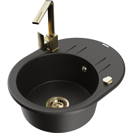 Mexen Kevin granite sink 1-bowl with drainer and Rita kitchen faucet, black/gold metallic - 6517-75-670300-50