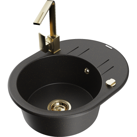 Mexen Kevin Granitspüle 1-Becken mit Abtropffläche und Küchenarmatur Rita, schwarz/gold metallic - 6517-75-670300-50