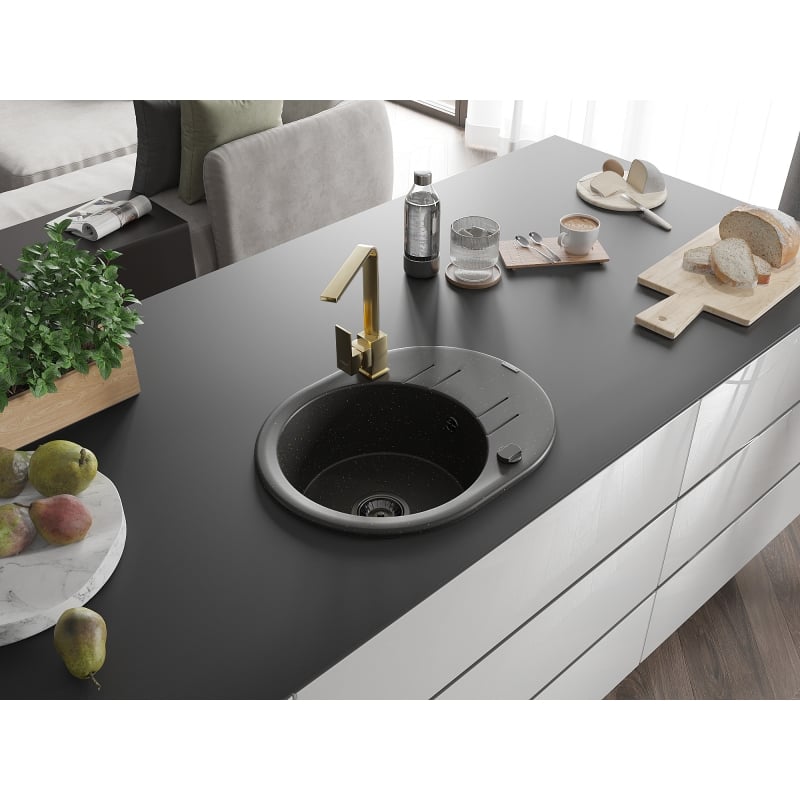 Mexen Kevin granitische wastafel 1-kompartement met afdruiprek en keukenkraan Rita, zwart/gouden metallic - 6517-75-670300-50-B
