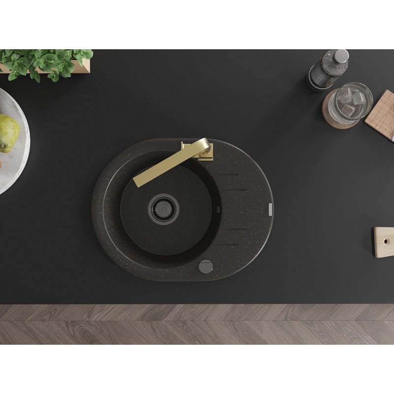 Mexen Kevin fregadero de granito de 1 tazón con escurridor y grifo de cocina Rita, negro/oro metálico - 6517-75-670300-50-B