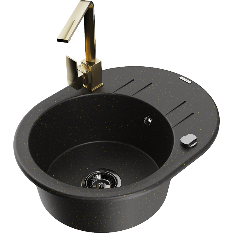 Mexen Kevin lavello in granito a 1 vasca con sgocciolatoio e rubinetto da cucina Rita, nero/oro metallico - 6517-75-670300-50-B