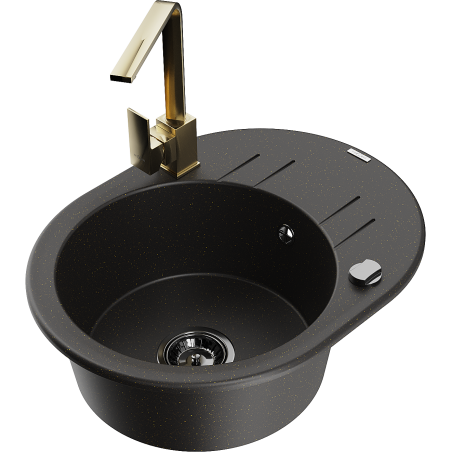 Mexen Kevin granitizlietne 1-kameras ar notecējumu un virtuves krānu Rita, melna/zeltaina metālika - 6517-75-670300-50-B